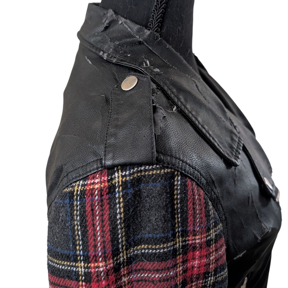 FREE! Faux Leather Jacket With Plaid Sleeves - Picture 3 of 10
